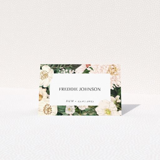 Engraved Elegance place cards - Cream and blush blooms amidst verdant foliage, inspired by botanical illustrations. Understated opulence and floral grandeur for couples celebrating nature's artistry This is a view of the front