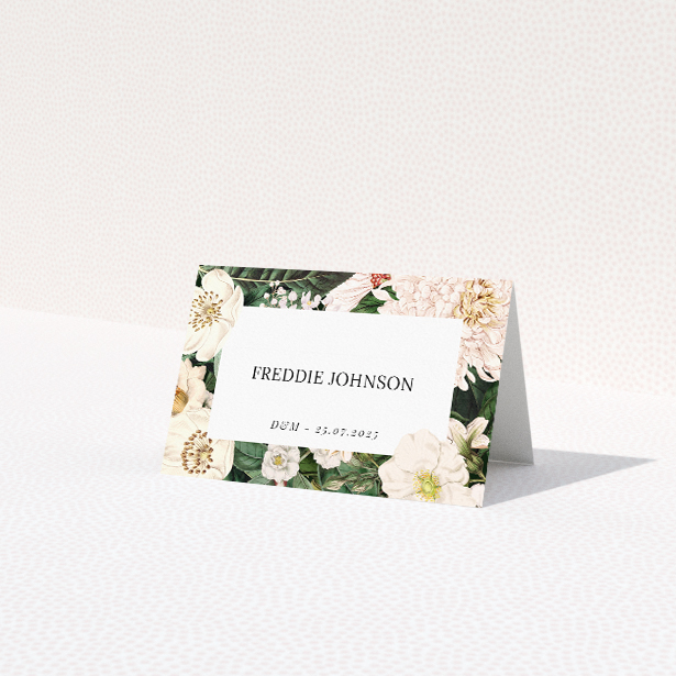 Engraved Elegance place cards - Cream and blush blooms amidst verdant foliage, inspired by botanical illustrations. Understated opulence and floral grandeur for couples celebrating nature's artistry This is a third view of the front