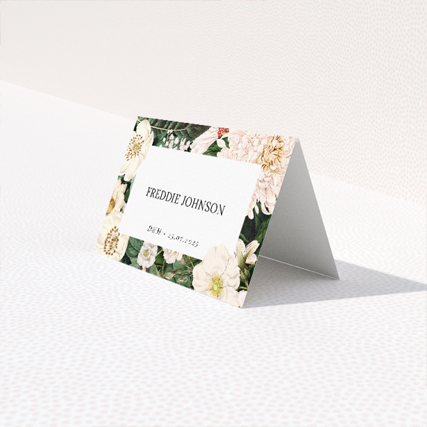 Engraved Elegance place cards - Cream and blush blooms amidst verdant foliage, inspired by botanical illustrations. Understated opulence and floral grandeur for couples celebrating nature's artistry This is a third view of the front