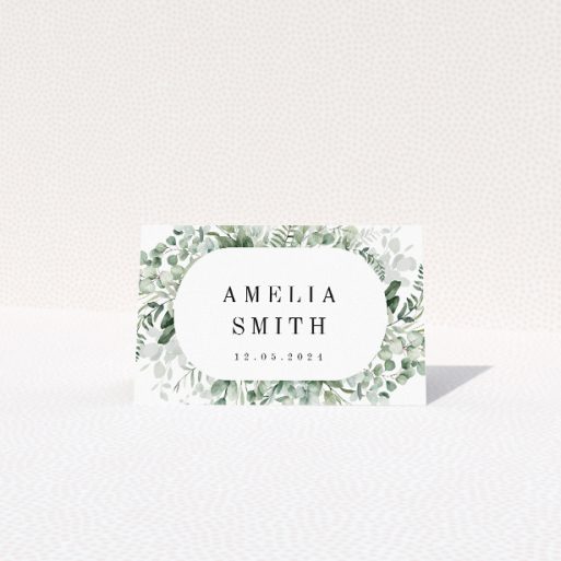 "Eucalyptus Bloom place cards - botanical wedding stationery with watercolour greens and serif fonts". This is a view of the front