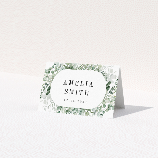'Eucalyptus Bloom place cards - botanical wedding stationery with watercolour greens and serif fonts'. This is a view of the front