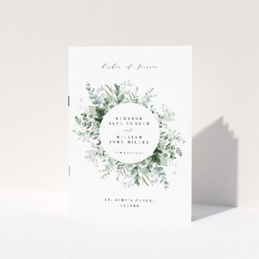 Utterly Printable Eucalyptus Bloom Wedding Order of Service A5 Booklet Template. This is a view of the front