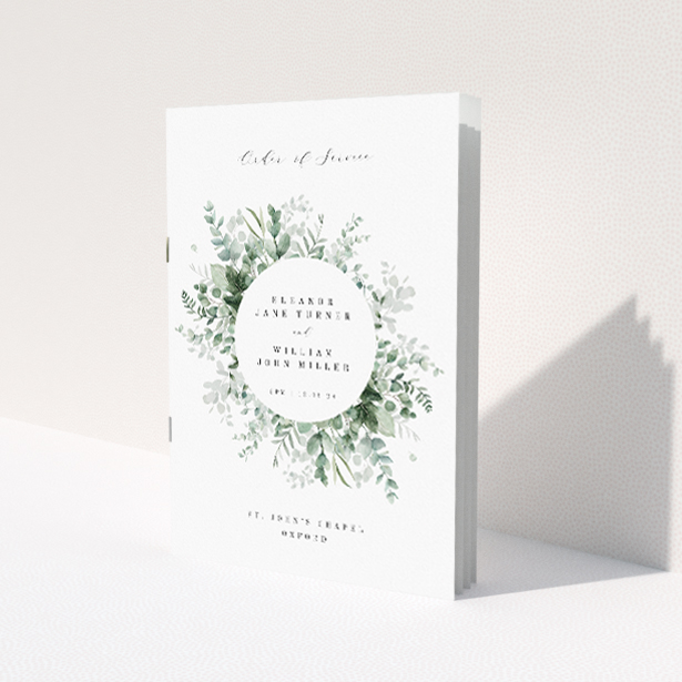 Utterly Printable Eucalyptus Bloom Wedding Order of Service A5 Booklet Template. This is a view of the front
