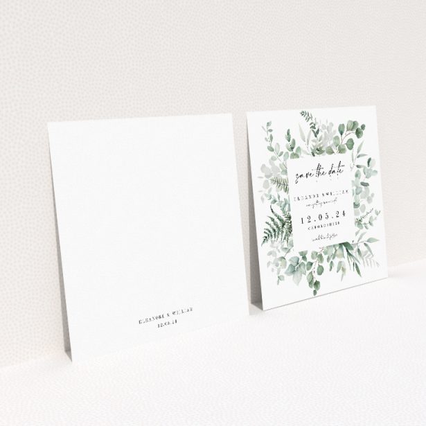 Wedding save the date card template - Eucalyptus Bloom design with soft green eucalyptus leaves. This image shows the front and back sides together