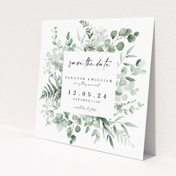Wedding save the date card template - Eucalyptus Bloom design with soft green eucalyptus leaves. This is a view of the front