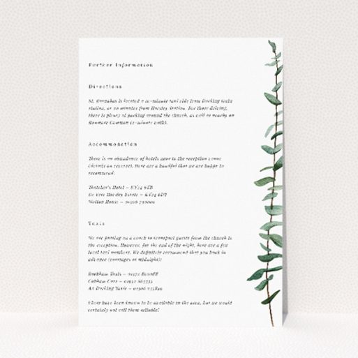 Wedding information insert card with contemporary grace, minimalist elegance, delicately illustrated eucalyptus branch, soft watercolour-style leaves in soothing shades of green from the Eucalyptus Swirls suite This is a view of the front