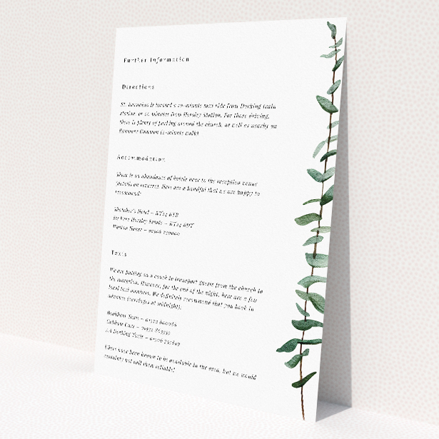 Wedding information insert card with contemporary grace, minimalist elegance, delicately illustrated eucalyptus branch, soft watercolour-style leaves in soothing shades of green from the Eucalyptus Swirls suite This is a view of the front