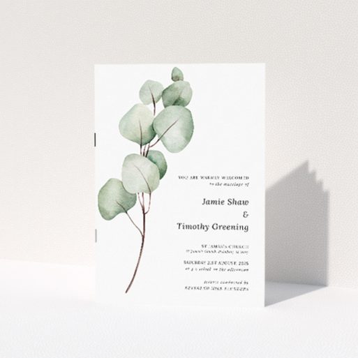 Utterly Printable Eucalyptus Swirls Wedding Order of Service A5 Booklet Template. This is a view of the front