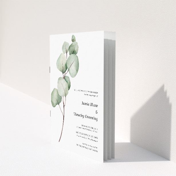 Utterly Printable Eucalyptus Swirls Wedding Order of Service A5 Booklet Template. This image shows the front and back sides together