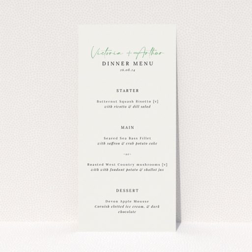 "Fitzrovia Script wedding menu template with classic elegance and contemporary twist, ideal for timeless charm with a modern edge.". This is a view of the front