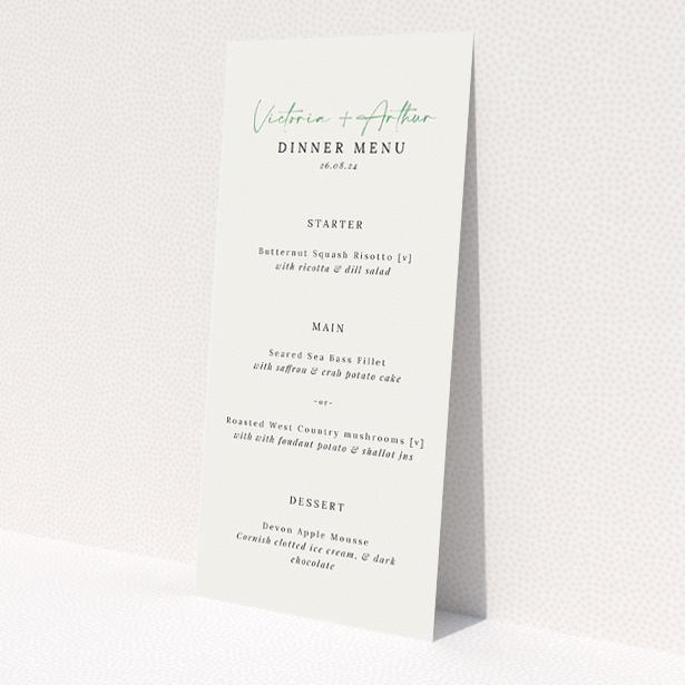 'Fitzrovia Script wedding menu template with classic elegance and contemporary twist, ideal for timeless charm with a modern edge.'. This is a view of the front