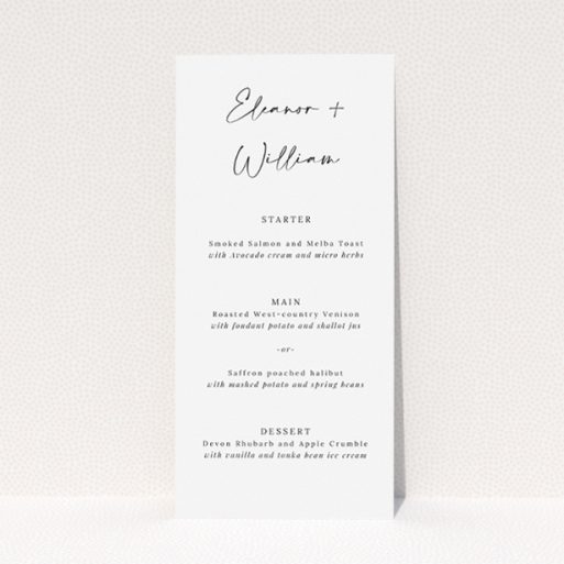 Elegant Fitzrovia Script Wedding Menu Design with Personalised Script and Contemporary Twist. This is a view of the front
