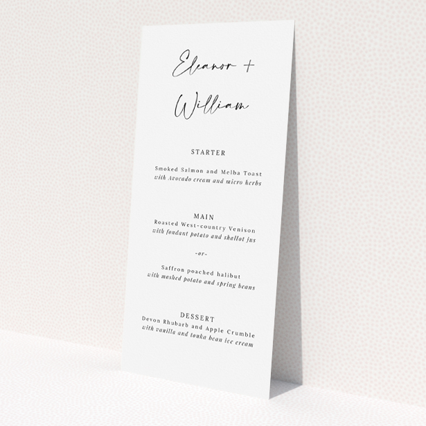 Elegant Fitzrovia Script Wedding Menu Design with Personalised Script and Contemporary Twist. This is a view of the back