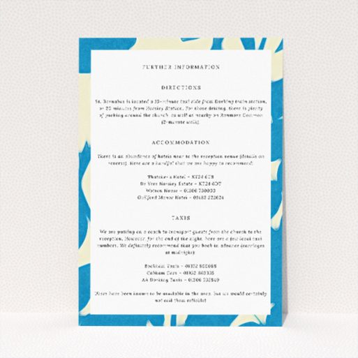 Wedding information insert card with azure hues and floral patterns, part of the "Floral Shadows" stationery suite, reflecting elegance and sophistication in presenting wedding details This is a view of the front