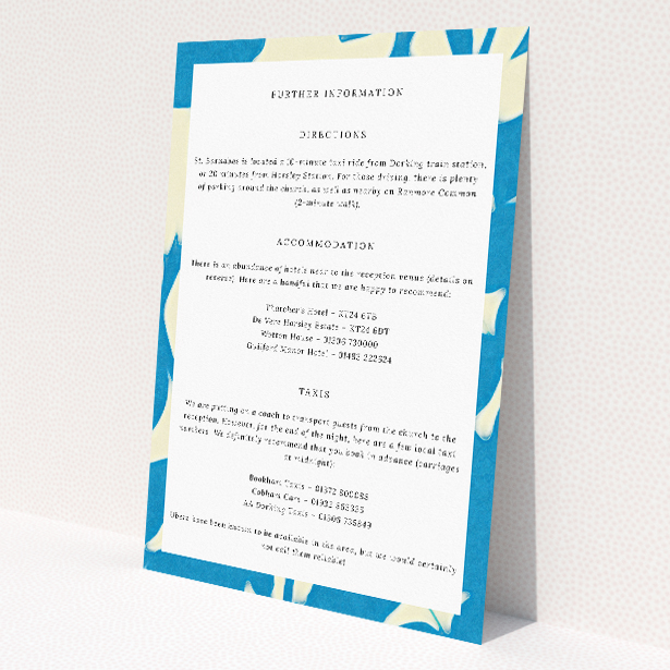 Wedding information insert card with azure hues and floral patterns, part of the "Floral Shadows" stationery suite, reflecting elegance and sophistication in presenting wedding details This image shows the front and back sides together