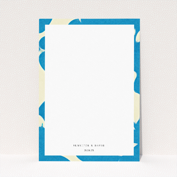 Wedding information insert card with azure hues and floral patterns, part of the "Floral Shadows" stationery suite, reflecting elegance and sophistication in presenting wedding details This image shows the front and back sides together