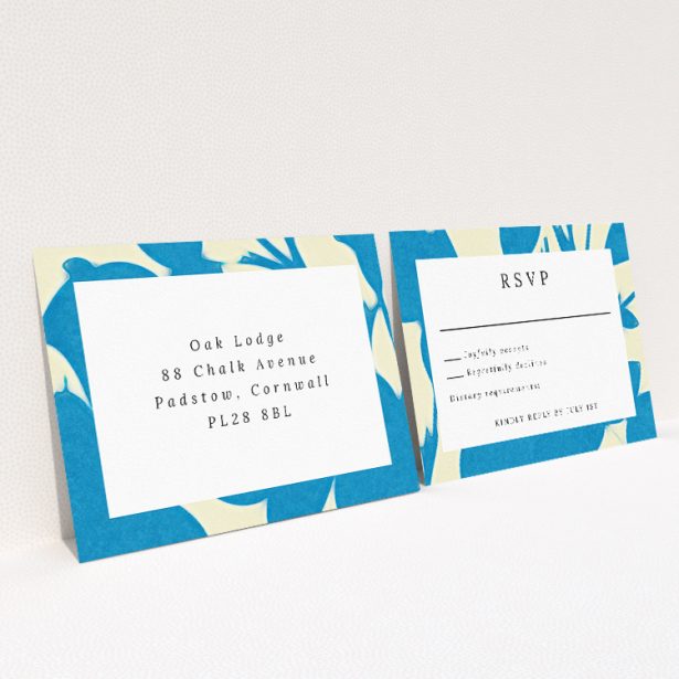 Elegant Floral Shadows RSVP Card - Azure and White Palette, Delicate Floral Patterns, Crisp Typography - Utterly Printable. This is a view of the back