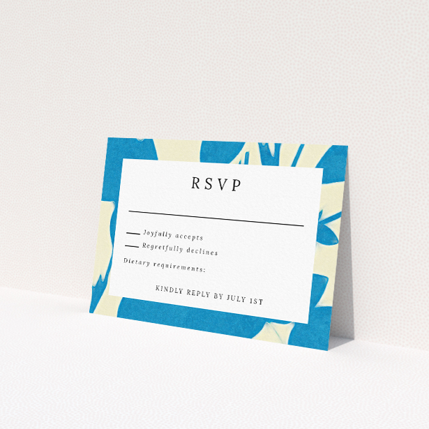 Elegant Floral Shadows RSVP Card - Azure and White Palette, Delicate Floral Patterns, Crisp Typography - Utterly Printable. This is a view of the front