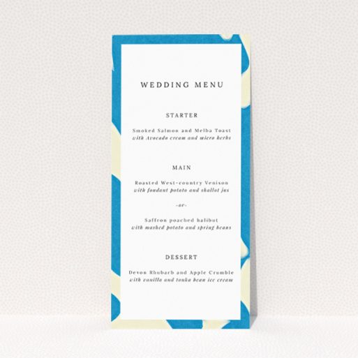 Elegant Floral Shadows Wedding Menu Design with Azure and White Palette and Delicate Floral Accents. This is a view of the front