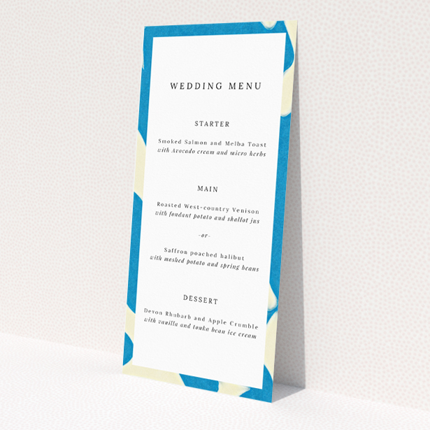 Elegant Floral Shadows Wedding Menu Design with Azure and White Palette and Delicate Floral Accents. This is a view of the front