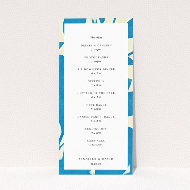 Elegant Floral Shadows Wedding Menu Design with Azure and White Palette and Delicate Floral Accents. This is a view of the back