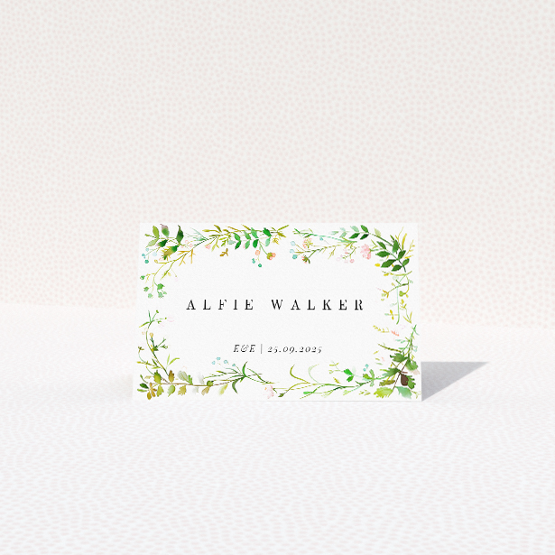 Greenwich Garden Place Cards - Capturing the essence of an English garden in spring with lush greenery and soft watercolour hues, blending elegant script and formal typography for a celebration blooming with love and joyous anticipation This is a view of the front