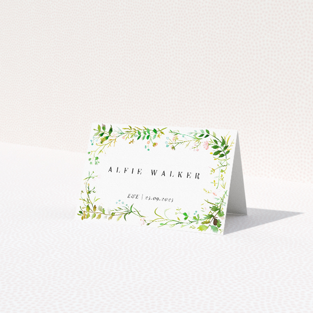 Greenwich Garden Place Cards - Capturing the essence of an English garden in spring with lush greenery and soft watercolour hues, blending elegant script and formal typography for a celebration blooming with love and joyous anticipation This is a view of the front