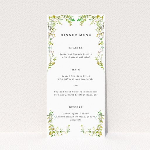 Charming Greenwich Garden Wedding Menu Design with Fresh Florals and Greens, Inspired by English Gardens. This is a view of the front