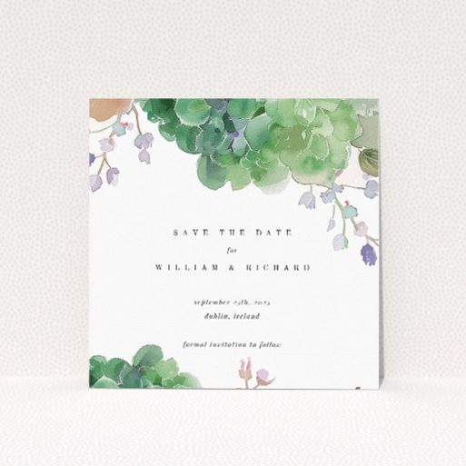 Wedding save the date card template - Hibernian Harmony design with watercolour hydrangeas and foliage. This is a view of the front