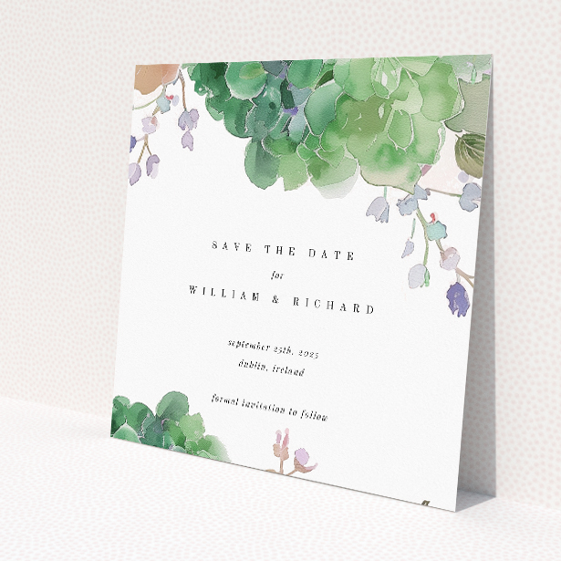 Wedding save the date card template - Hibernian Harmony design with watercolour hydrangeas and foliage. This image shows the front and back sides together