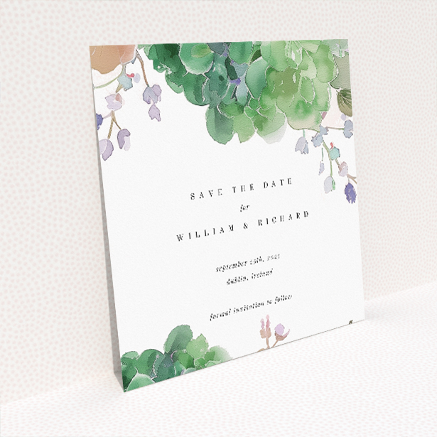 Wedding save the date card template - Hibernian Harmony design with watercolour hydrangeas and foliage. This image shows the front and back sides together
