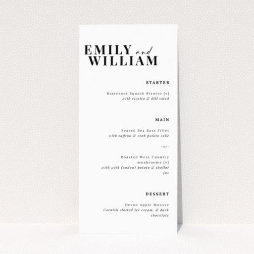 Modern Minimalist Kew Simplicity Wedding Menu Design with Clean Lines and Timeless Elegance. This is a view of the front