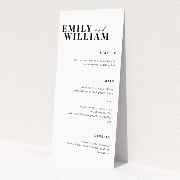 Modern Minimalist Kew Simplicity Wedding Menu Design with Clean Lines and Timeless Elegance. This is a view of the front