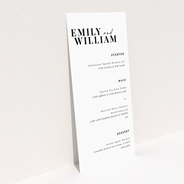 Modern Minimalist Kew Simplicity Wedding Menu Design with Clean Lines and Timeless Elegance. This is a view of the back