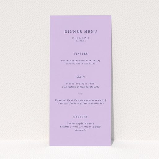 Timeless Lavender Hill Classic Wedding Menu Design with Soft Lavender Hue and Elegant Typography. This is a view of the front