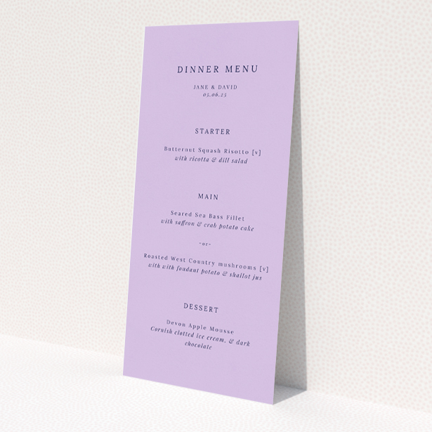 Timeless Lavender Hill Classic Wedding Menu Design with Soft Lavender Hue and Elegant Typography. This is a view of the front