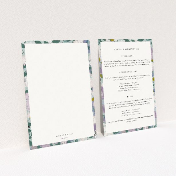 Lilac Blossom wedding information insert card with lilac and sage green floral design. This image shows the front and back sides together