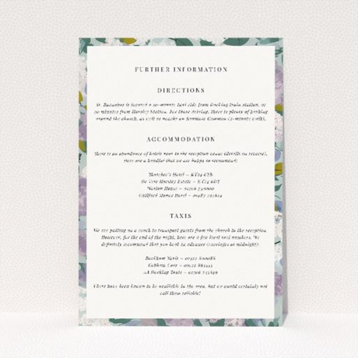 Lilac Blossom wedding information insert card with lilac and sage green floral design. This is a view of the front