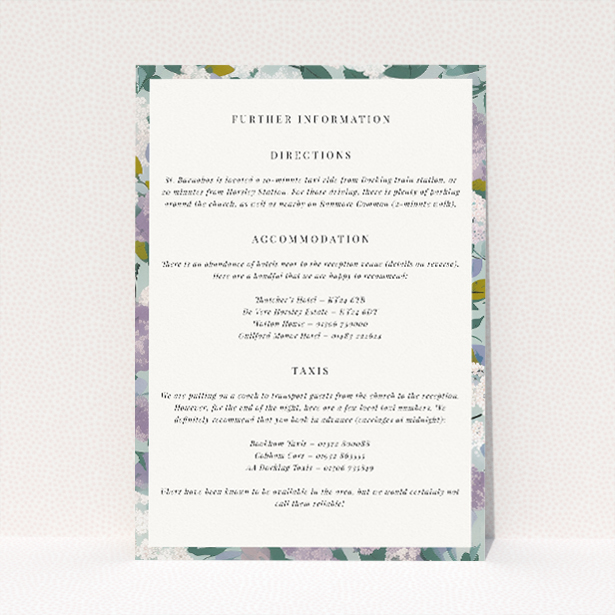 Lilac Blossom wedding information insert card with lilac and sage green floral design. This is a view of the front
