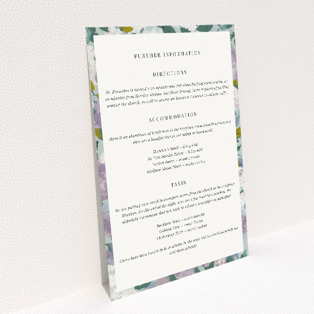 Lilac Blossom wedding information insert card with lilac and sage green floral design. This image shows the front and back sides together