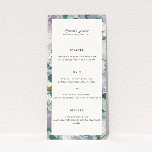 Utterly Printable Lilac Blossom Wedding Menu - Elegant floral wedding menu design with lilac and sage green florals on a white canvas, featuring sophisticated script and classic typography This is a view of the front