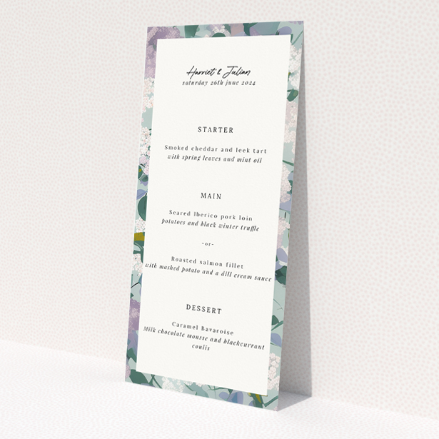 Utterly Printable Lilac Blossom Wedding Menu - Elegant floral wedding menu design with lilac and sage green florals on a white canvas, featuring sophisticated script and classic typography This is a view of the front