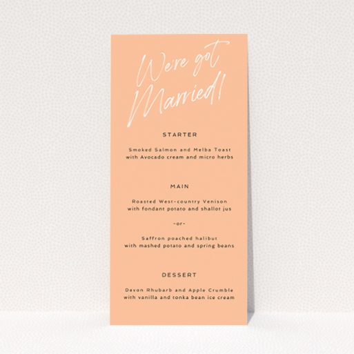 Chic Modern Apricot Announcement Wedding Menu Design with Elegant White Script on Soft Apricot Background. This is a view of the front