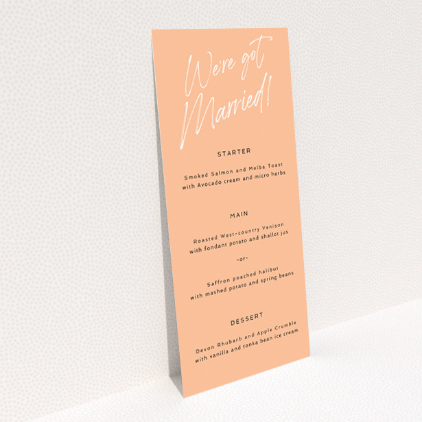Chic Modern Apricot Announcement Wedding Menu Design with Elegant White Script on Soft Apricot Background. This is a view of the back