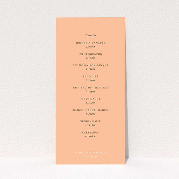 Chic Modern Apricot Announcement Wedding Menu Design with Elegant White Script on Soft Apricot Background. This is a view of the back