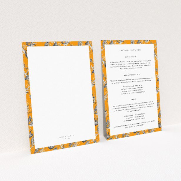Wedding information insert card with playful monkey illustrations and vibrant orange hues, part of the "Monkey Business" stationery suite This image shows the front and back sides together