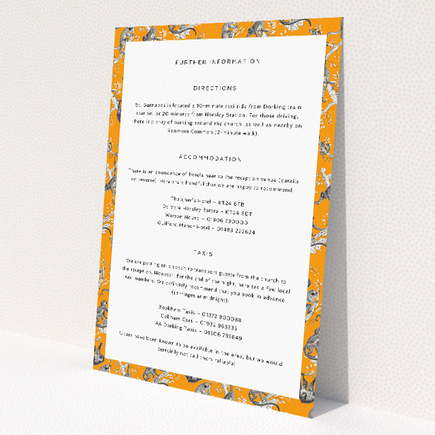 Wedding information insert card with playful monkey illustrations and vibrant orange hues, part of the 'Monkey Business' stationery suite This is a view of the front