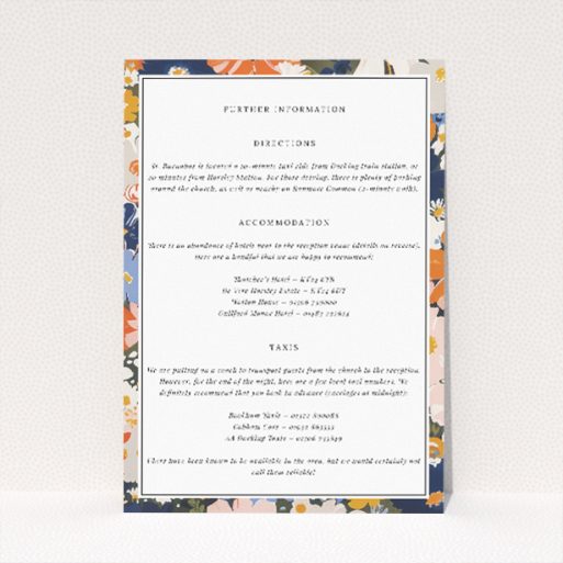 Wedding information insert card with classic floral motifs in navy and marigold colours, part of the "Navy and Marigold Space" suite, harmonizing timeless charm with contemporary sophistication for an elegant wedding celebration This is a view of the front