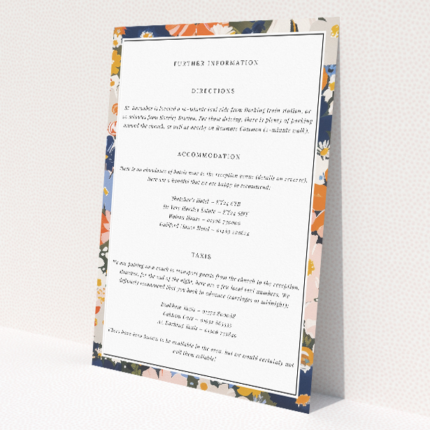 Wedding information insert card with classic floral motifs in navy and marigold colours, part of the 'Navy and Marigold Space' suite, harmonizing timeless charm with contemporary sophistication for an elegant wedding celebration This is a view of the front