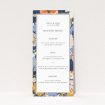 Modern Navy and Marigold Space Wedding Menu Design with Vibrant Floral Patterns on White Background. This is a view of the front